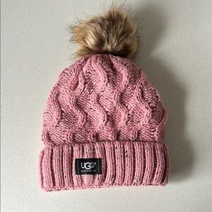 UGG Pink Knit Hat with Faux Fur Pom and Cable Knit Design